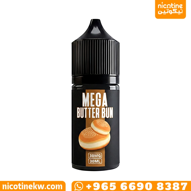 نكهة ميجا باتر بن سولت نيكوتين 30 مل، عبوة سوداء وعليها رسمة خبز وزبدة لأجهزة سحبة الزقارة.