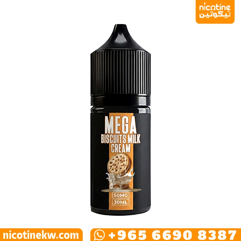 نكهة ميجا بسكويت وكريمة سولت نيكوتين 30 مل، عبوة سوداء وعليها رسمة بسكويت وحليب لأجهزة سحبة الزقارة.