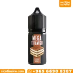 نكهة ميجا تيراميسو سولت نيكوتين 30 مل، عبوة سوداء وعليها رسمة كيك تيراميسو لأجهزة سحبة الزقارة.