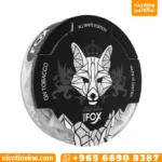 علبة وايت فوكس بلاك إيدشن أكياس نيكوتين بدون تبغ بتصميم أسود مع شعار الثعلب الأبيض من GN Tobacco