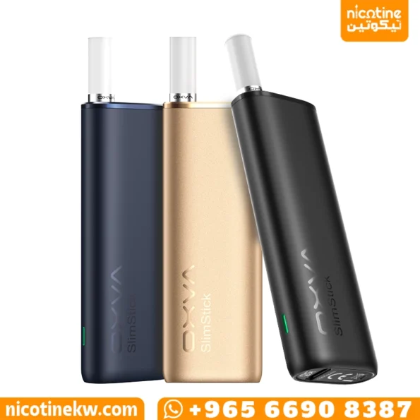 سحبات الزقارة OXVA SlimStick نحيفة بثلاث ألوان أسود، ذهبي، أزرق، مع شعار نيكوتين ولوجو OXVA، مثالية للسحبة اليومية.