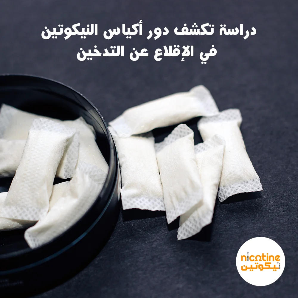 مجموعة من أكياس النيكوتين البيضاء بجوار علبة دائرية سوداء، يعلوها نص يقرأ "دراسة تكشف دور أكياس النيكوتين في الإقلاع عن التدخين" مع شعار موقع نيكوتين.