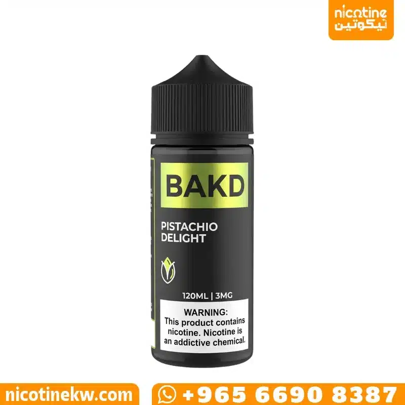 Black BAKD Pistachio Delight 120ml e-liquid bottle with lime green label and pistachio icon