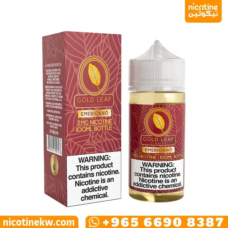 Gold Leaf Emericano maroon box beside a 100ml bottle with a clear cap
