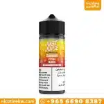 Just Juice Shishti Lychee Mango 120ml bottle, black cap, yellow-to-red droplet label
