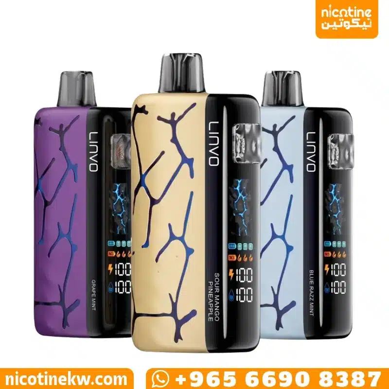 Linvo Neon 40000 puff disposables in purple, beige and light blue with digital screens