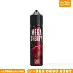 Black Mega Cherry 60ml bottle with a red stripe, two cherries and water droplets