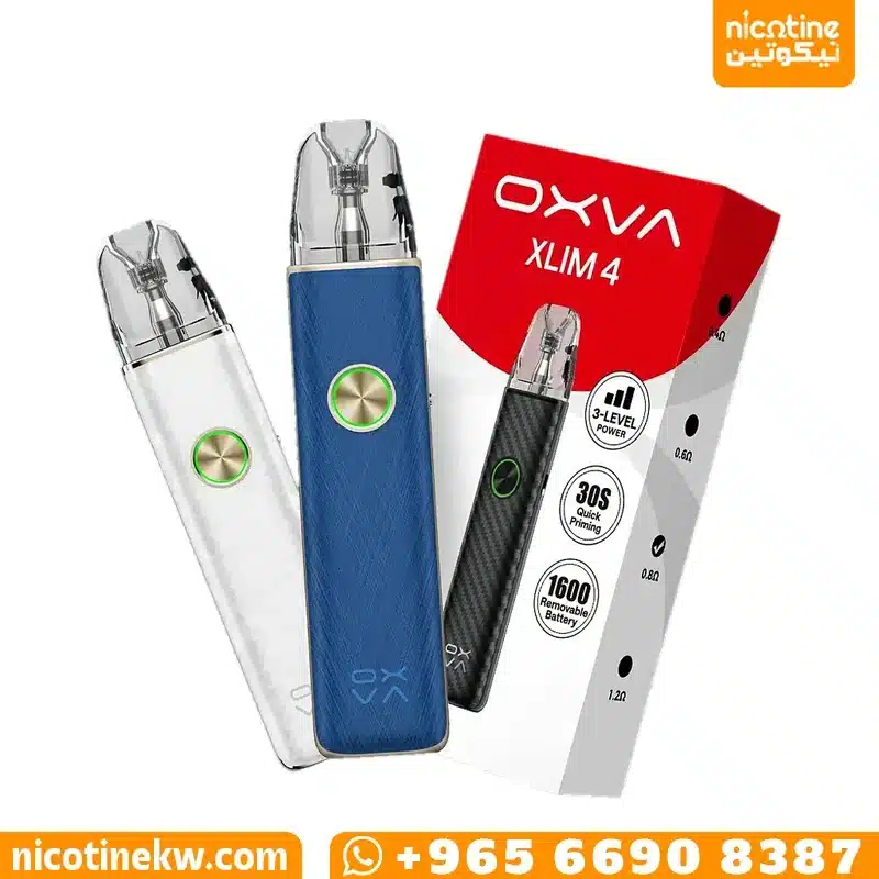 OXVA Xlim 4 pod system kit in three colours with its retail box