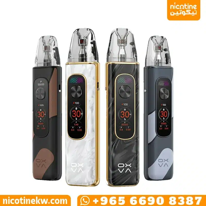 Four OXVA Xlim Pro 4 pod system devices with color screens, shown without packaging